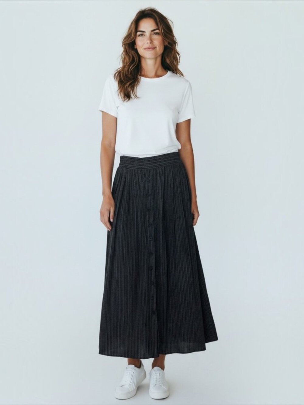 Norton McNaughton Skirt Women’s 12 Black Pleated Midi Geo Rayon Button Elastic